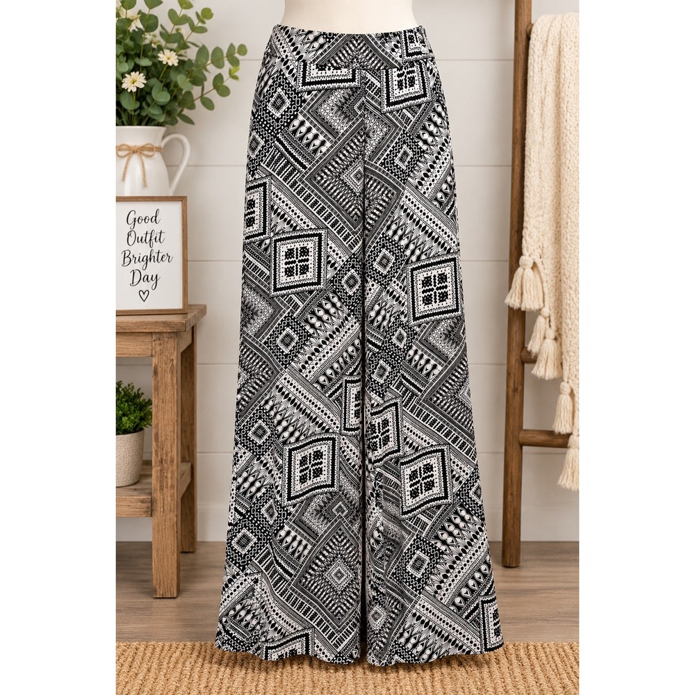 NY Collection Black White Geometric Tribal Print Wide Leg Palazzo Pants Medium